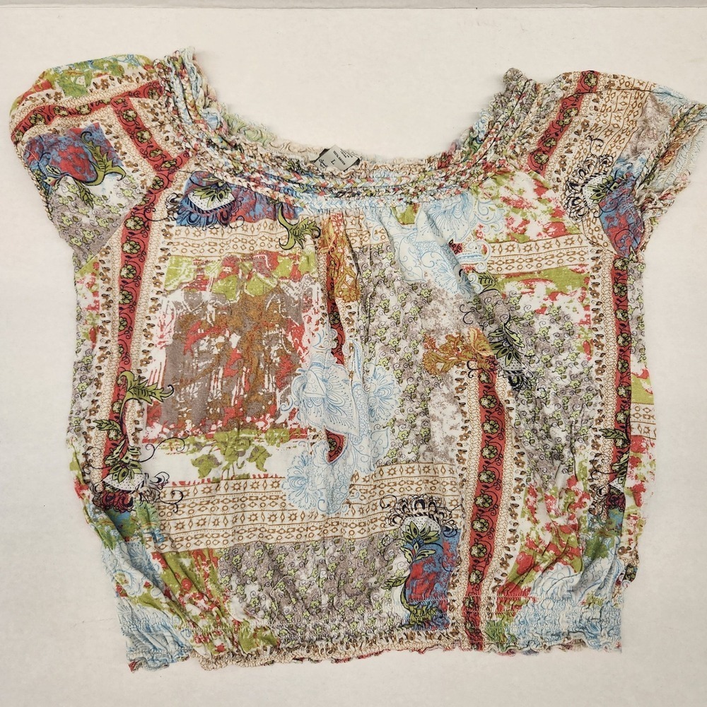 Y2k American Rag L Floral Print Off Shoulder Smocked Waist Boho Blouse Top - Picture 2 of 9